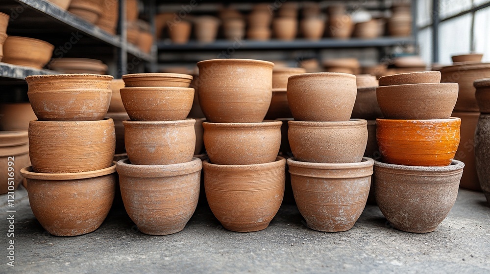 A variety of terracotta pots are stacked on shelves some with a single glazed pot on the second row. A variety of terracotta pots are stacked on shelves some with a single glazed pot on the second row.