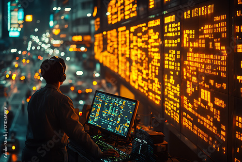  A bustling Stock Exchange scene with traders, computers, and monitors, representing financial transactions and market activity photo