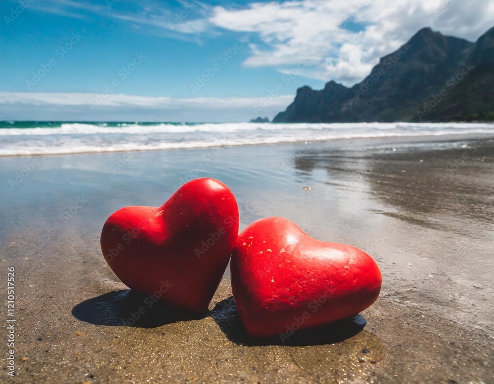 Fototapeta premium Two Red Heart-Shaped Rocks on the Beach with the Waves Gently Crashing, Representing Eternal Love