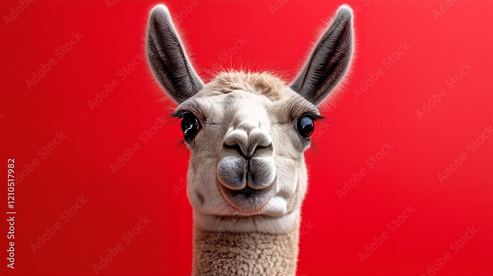 Obraz premium A close-up of an alpaca's head and shoulders against a red background.