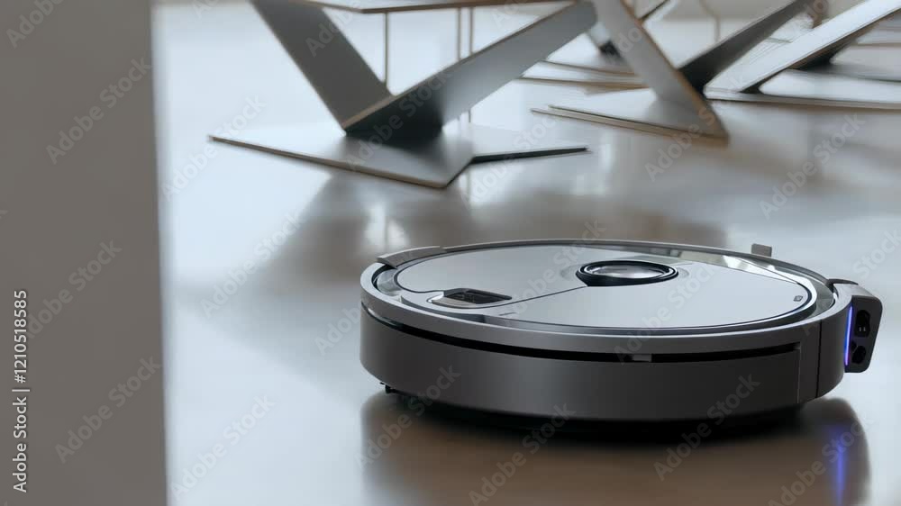 Witness the seamless operation of an advanced robot vacuum as it navigates a stylish living space, demonstrating the future of home maintenance and convenience. Witness the seamless operation of an advanced robot vacuum as it navigates a stylish living space, demonstrating the future of home maintenance and convenience.