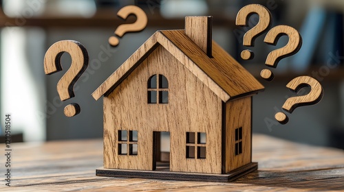 Wooden House Model Surrounded By Question Marks