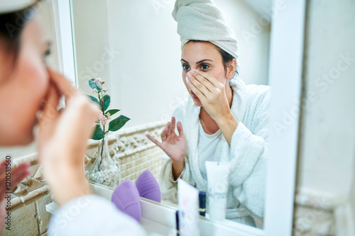 Woman removing makeup in front of the bathroom mirror.