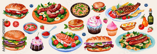 Food: sandwich, sausages, grilled fish, burger, cupcake, spaghetti with shrimp, berries. Vector set and collection of watercolor decorative and design elements. Isolated on a white background.