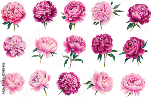 Red watercolor peony flower set. Watercolor peony flower vector illustration isolated on white background.