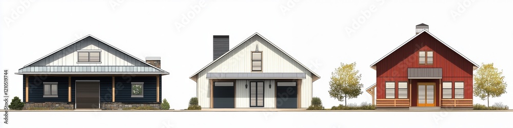 A row of three distinct Barndominium house style designs showcasing different architectural styles. The left house features a dark exterior with a sloped roof, the middle house. A row of three distinct Barndominium house style designs showcasing different architectural styles. The left house features a dark exterior with a sloped roof, the middle house.