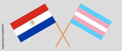 Crossed flags of Republic of Paraguay and Transgender Pride. Official colors. Correct proportion. Vector illustration