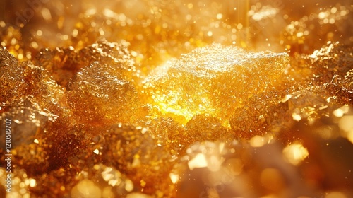 Golden nuggets glitter in sunlit cavern, magical background photo