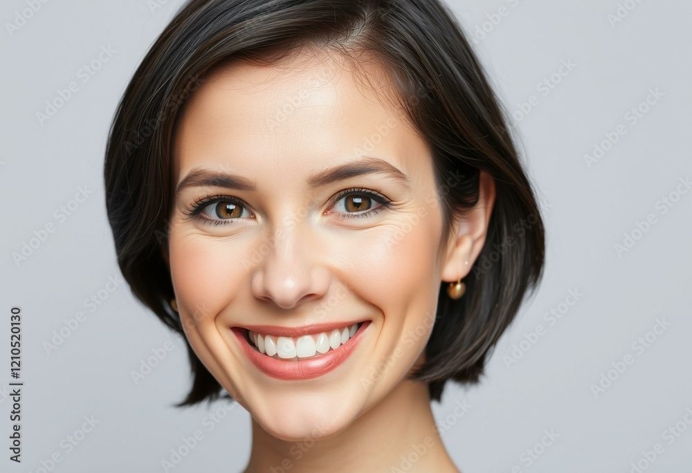 Woman with short dark hair, smiling, looking directly at the camera Woman with short dark hair, smiling, looking directly at the camera