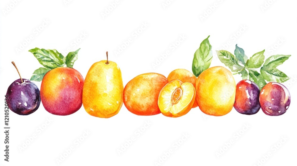 Watercolor painting of plums, peaches, and apricots with leaves. Watercolor painting of plums, peaches, and apricots with leaves.