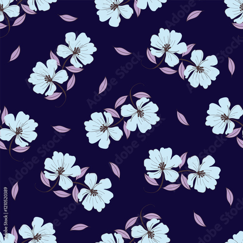 Drawing with digital toolsFloral flowers lined up abstract imagesPink flowers on blue background.