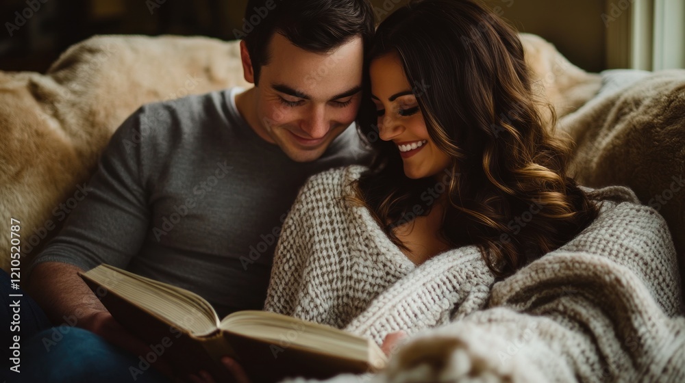 A couple reads together on a cozy couch with a blanket for a relaxing moment A couple reads together on a cozy couch with a blanket for a relaxing moment