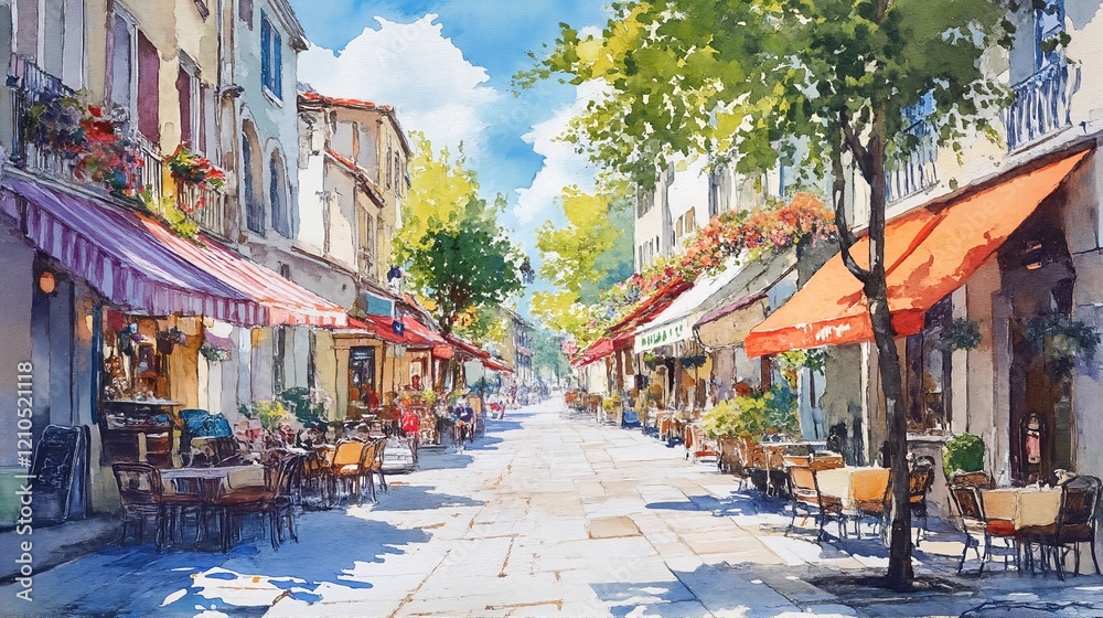 Fototapeta premium A watercolor painting of a quaint European street lined with small shops and cafes.