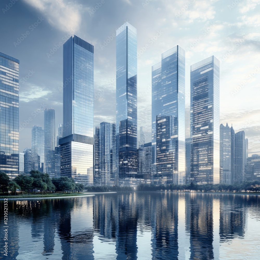 Obraz premium Photorealistic cityscape of a modern urban skyline featuring tall skyscrapers, sleek glass facades, and high-rise office buildings