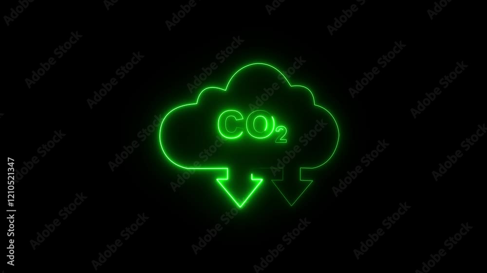 CO2 Reduction Icon in Neon Lights Carbon dioxide evolution concept. Glowing Neon CO2 Icon Sustainable development and green business concept. Animation of net zero icon on transparent background
