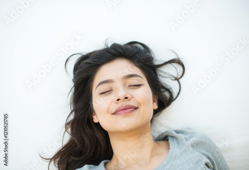 Woman sleeping on her back, eyes closed, subtle smile