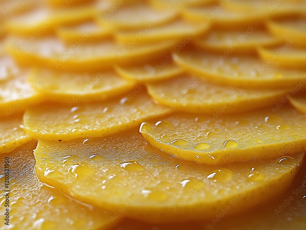 Close-up of thinly sliced, oiled potatoes. Close-up of thinly sliced, oiled potatoes.