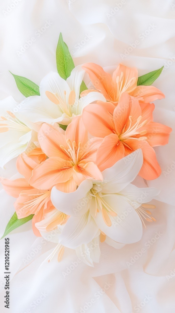 Elegant orange and white lilies resting on soft white fabric, creating a delicate floral composition. Elegant orange and white lilies resting on soft white fabric, creating a delicate floral composition.