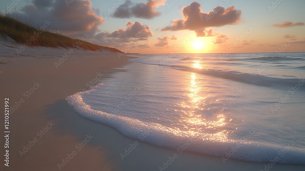 Fototapeta premium Serene Sunset Beachscape Golden Hour Ocean Waves