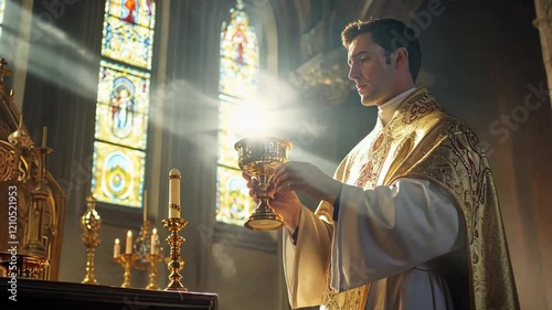 Catholic priest holding a chalice inside a church. Christian mass concept