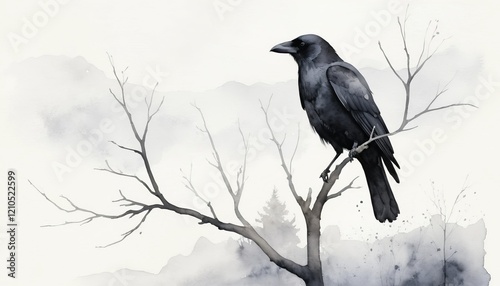 A striking watercolor illustration showcases a raven sitting atop a bare tree branch, surrounded by foggy mist and distant silhouettes of trees. photo