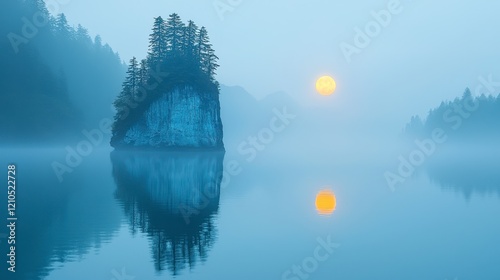 Serene sunrise over misty lake with island reflection.