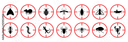 Pest control. Insects icon set. Insect repellent label product. Isolated forbidding and warning signs of harmful insects and rodents. Vector illustration