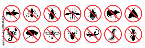 Pest control. Insects icon set. Insect repellent label product. Isolated forbidding and warning signs of harmful insects and rodents. Vector illustration