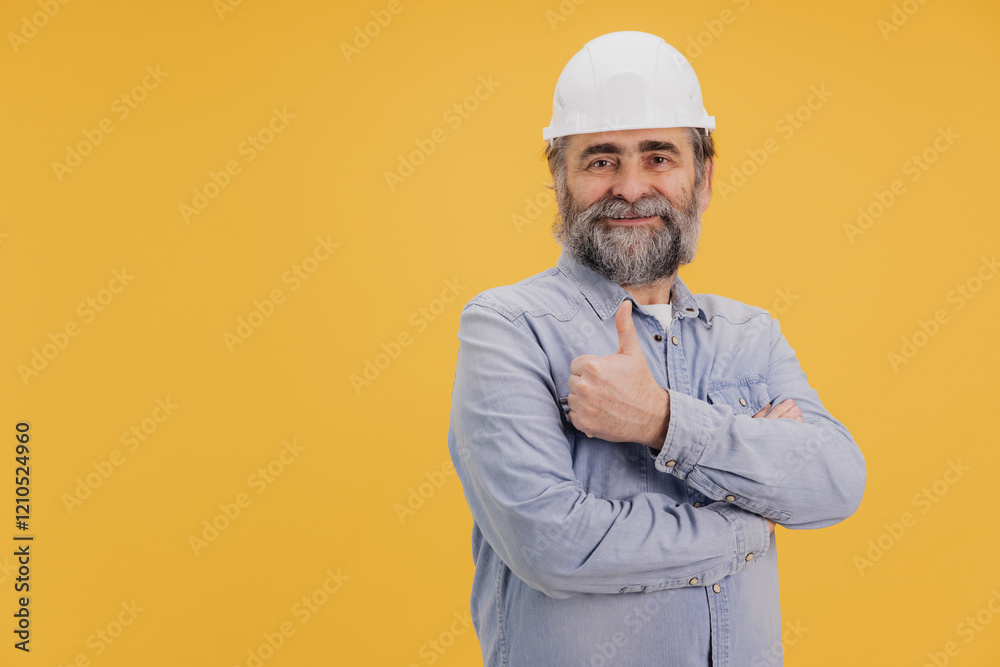 Senior engineer with white hardhat gesturing thumbs up on yellow background Senior engineer with white hardhat gesturing thumbs up on yellow background