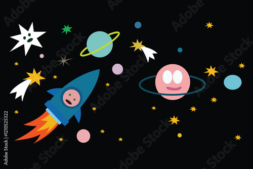 Cute outer space set. Cosmic bundle with funny cartoon characters, spaceships, planet, comet and stars. Trendy modern vector illustration, hand drawn, flat design