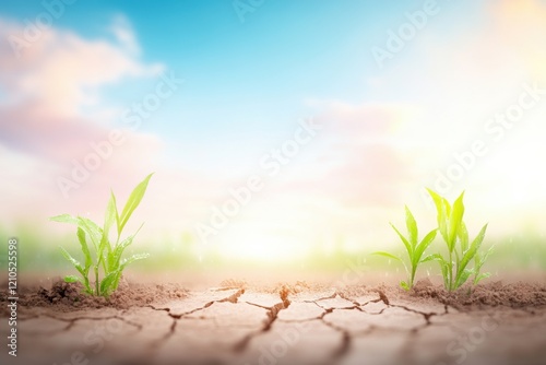 Cracked earth beneath a spring storm shows new life as rainfall brings hope to parched ground and emerging greenery in a minimalist style photo