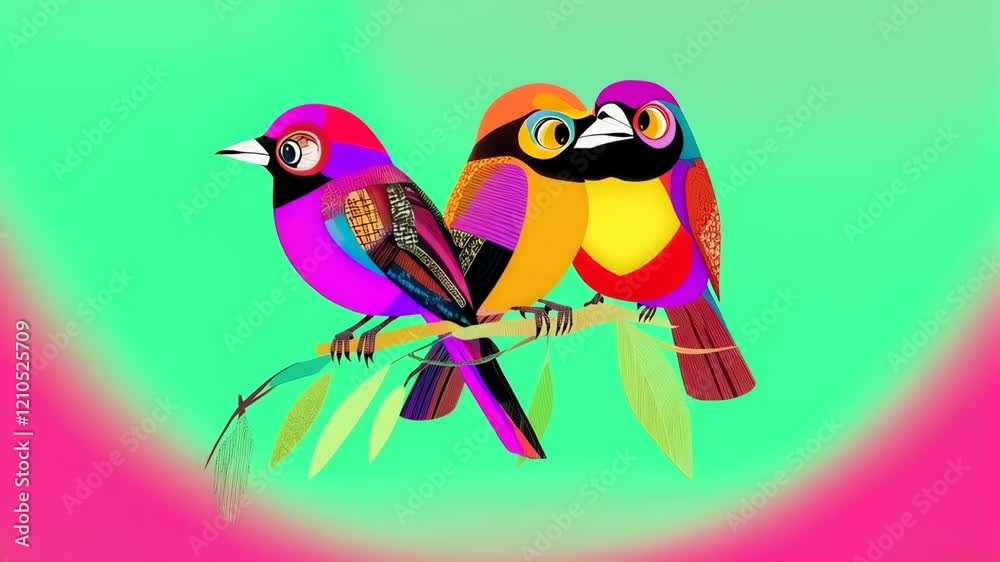 Colorful birds transition from pastel to vivid hues sitting on a branch Colorful birds transition from pastel to vivid hues sitting on a branch