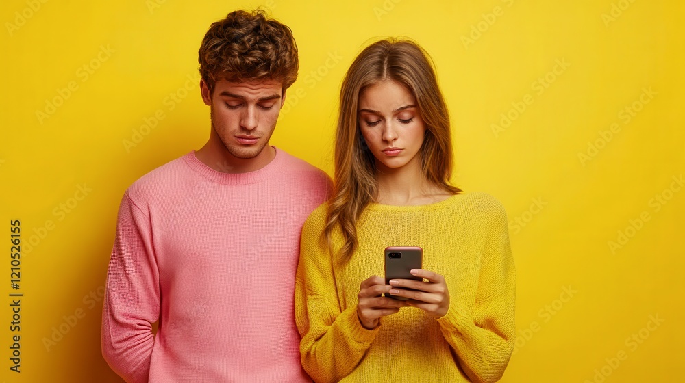 A young couple stands against a vibrant yellow background, deeply engaged with their smartphones, highlighting themes of modern communication and digital interaction A young couple stands against a vibrant yellow background, deeply engaged with their smartphones, highlighting themes of modern communication and digital interaction