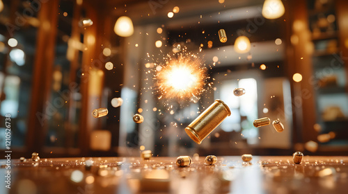 Bullet explosion, indoor range, brass casings, blurry background, action shot, for firearms articles