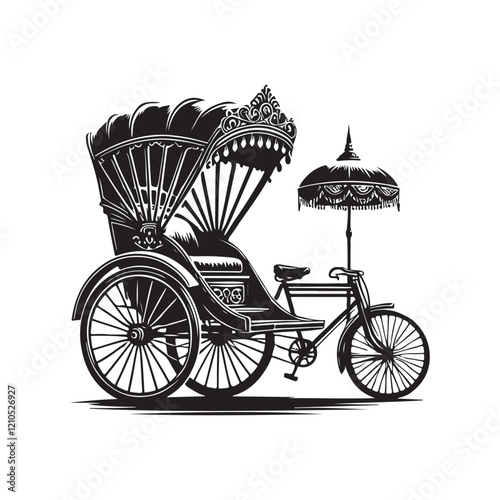 Vintage Black and White Silhouette of a Bicycle Rickshaw