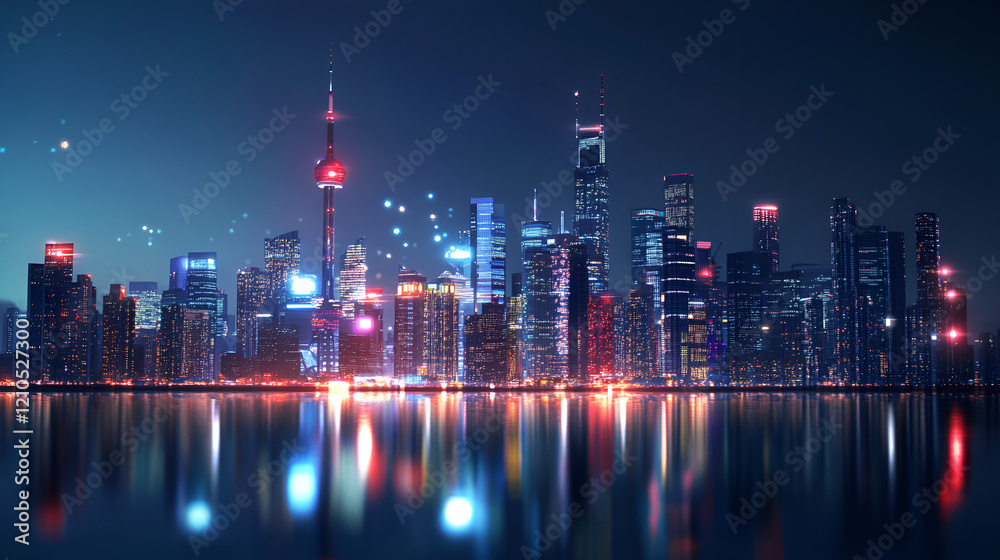 Obraz premium A bustling smart city skyline at night with glowing neon lights illuminating the cityscape, creating a mesmerizing spectacle of urban life