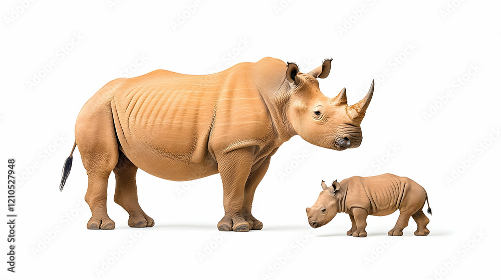 Obraz premium Adult and baby rhino, African savanna background, wildlife conservation