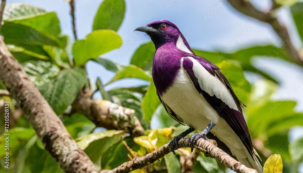 Fototapeta premium Soft Focus Portrait of an Exotic Purple and White Tropical Bird Perched Gracefully on a Tree Branch