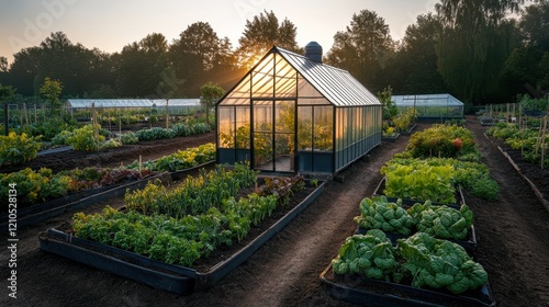 A beautiful greenhouse surrounded by lush vegetable beds at sunrise, ideal for illustrating sustainable gardening, agriculture, eco-friendly practices, or farm-to-table concepts,