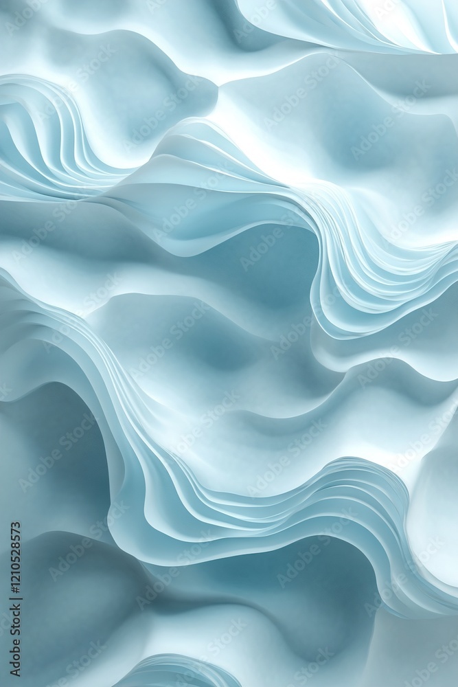 Fototapeta premium Abstract design showcases flowing, curved wave patterns in a soft light blue gradient, creating a calming atmosphere. Ample blank space invites text overlay for versatile use