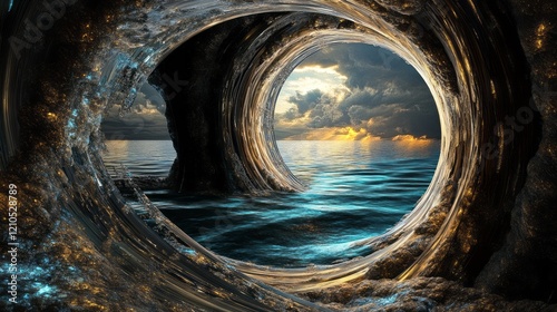 A round portal to another world, looking out into the ocean with beautiful lighting and sun rays shining through the hole in the sky. The portal is made of twisted metal that looks like liquid silver 