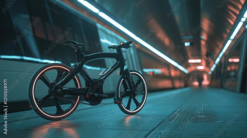 Fototapeta premium Futuristic Electric Bicycle in Neon-Lit Subway Station