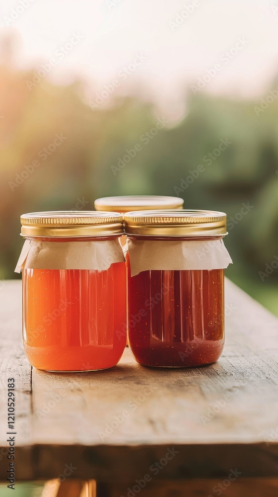 Homemade jams in glass jars on a farmhouse table in warm afternoon light angled view cozy atmosphere Homemade jams in glass jars on a farmhouse table in warm afternoon light angled view cozy atmosphere