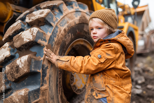 Wallpaper Mural Young child in orange coat exploring muddy construction site with large machinery Torontodigital.ca