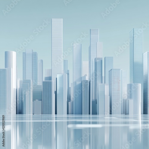 3D rendering of a digital cityscape with buildings and skyscrapers made from glass, set against a light blue background with a white color scheme