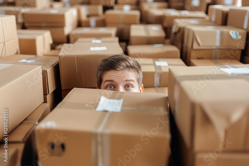 Young man hiding among cardboard boxes in warehouse