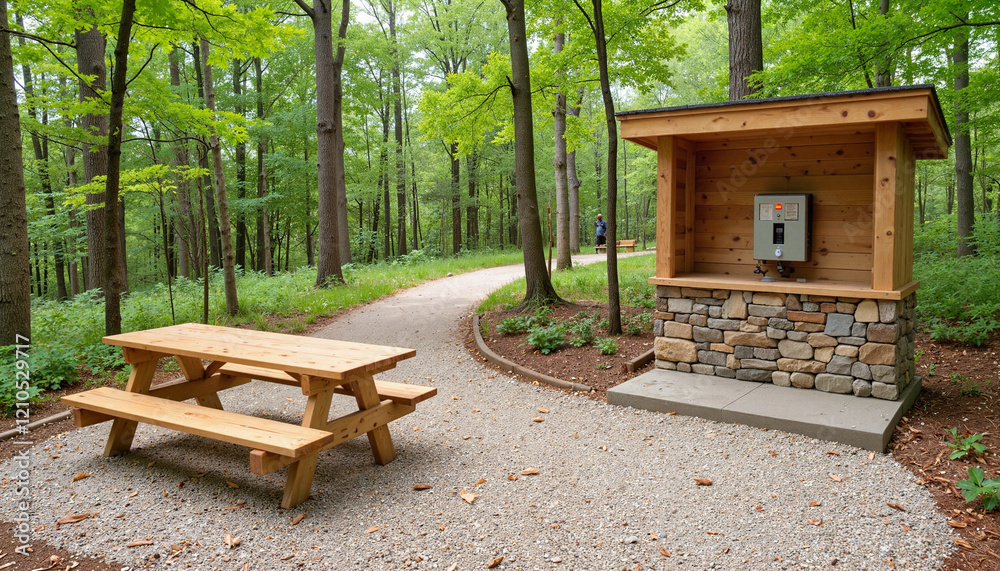 Outdoor refill station and picnic area along serene hiking trail, nature, Water Bottle Refill Station, World Water Day Outdoor refill station and picnic area along serene hiking trail, nature, Water Bottle Refill Station, World Water Day