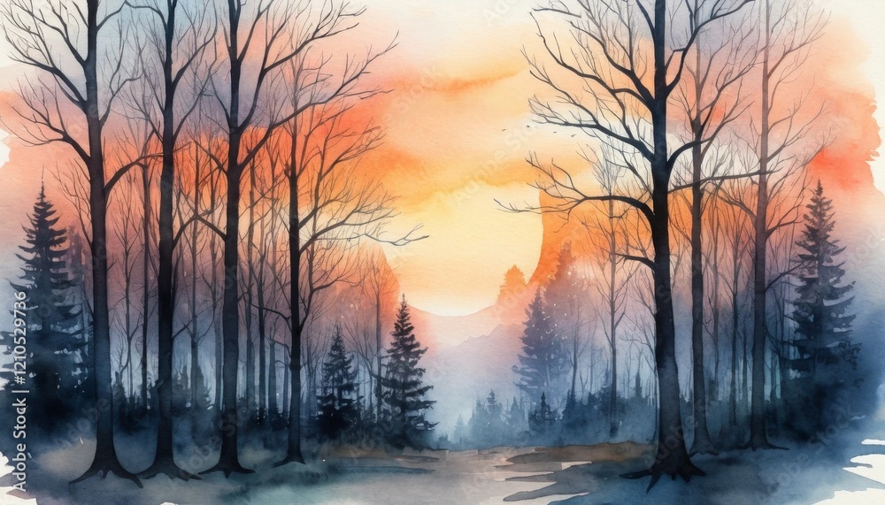 Naklejka premium Silhouetted bare trees stretch towards a brilliant sunset, their dark forms contrasting with vibrant orange and blue hues of the sky, creating a serene and tranquil atmosphere.