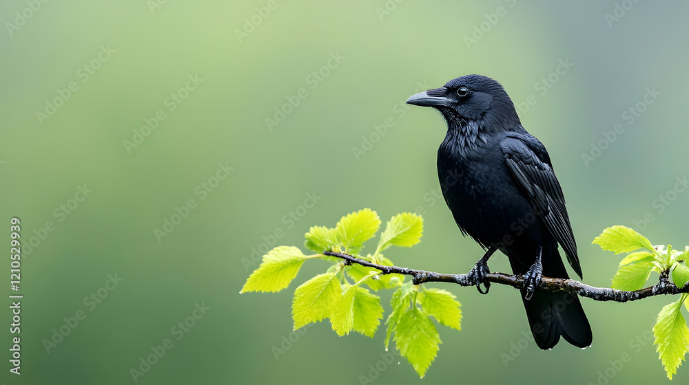 Black crow perched on a branch with fresh green leaves, blurred natural background. Ideal for nature, wildlife, or ornithology publications Black crow perched on a branch with fresh green leaves, blurred natural background. Ideal for nature, wildlife, or ornithology publications