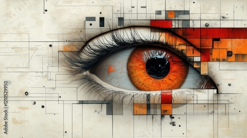 A stylized eye with geometric patterns and warm colors, symbolizing perception.